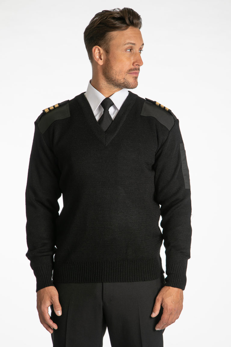 Black Pilot Uniform Military Style Sweater With Shoulder/Elbow P ...
